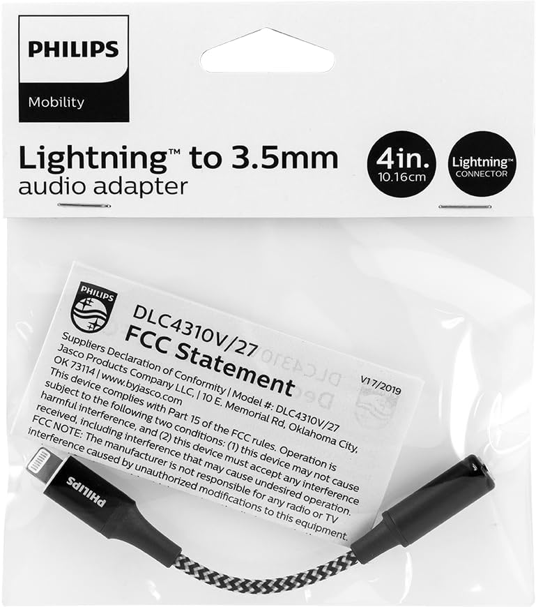 PHILIPS Lightning to 3.5mm Headphone Jack Adapter Dongle 36 Pack, 4 Inch Braided Cable, MFi Certified, DUP3773B/37