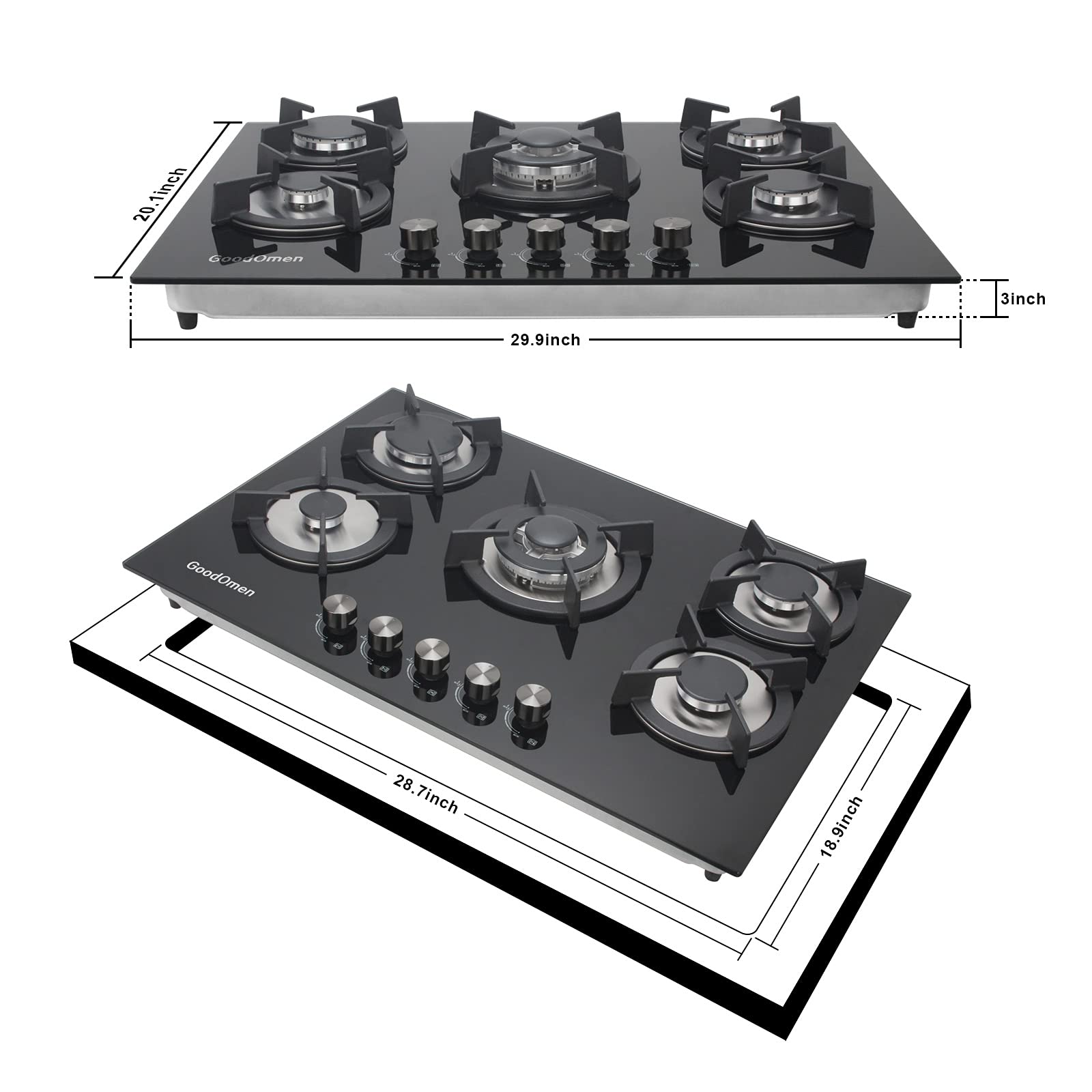 Gas Cooktop 30 inches 5 Burners in Tempered Glass, Built In Gas Stove