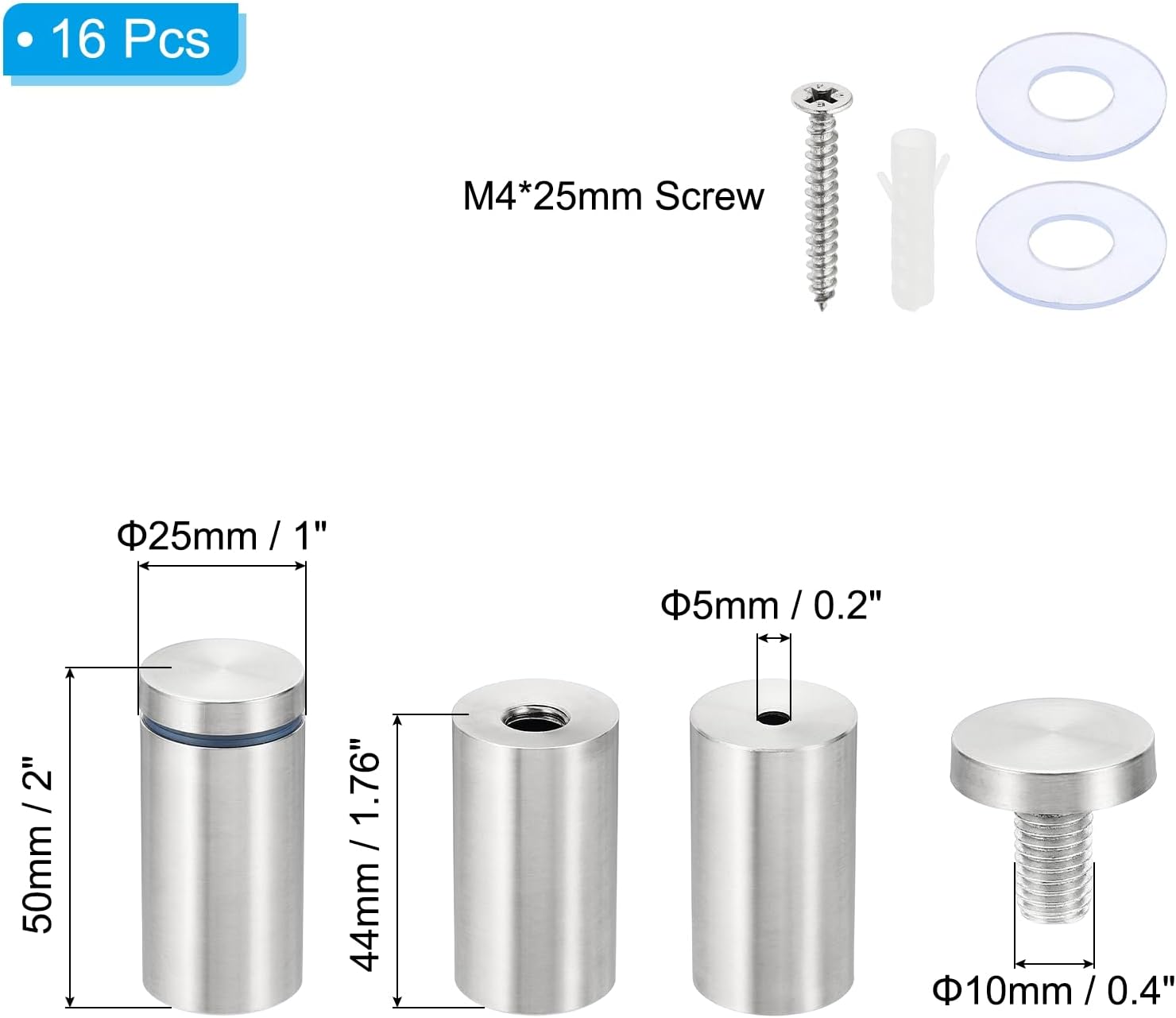 PATIKIL 1 x 2 inch Sign Standoff Screws, 16 Set Stainless Steel Wall Standoff Mounting Hardware Advertising Glass Nail for Hanging Acrylic Picture Frame Acrylic Panel, Silver