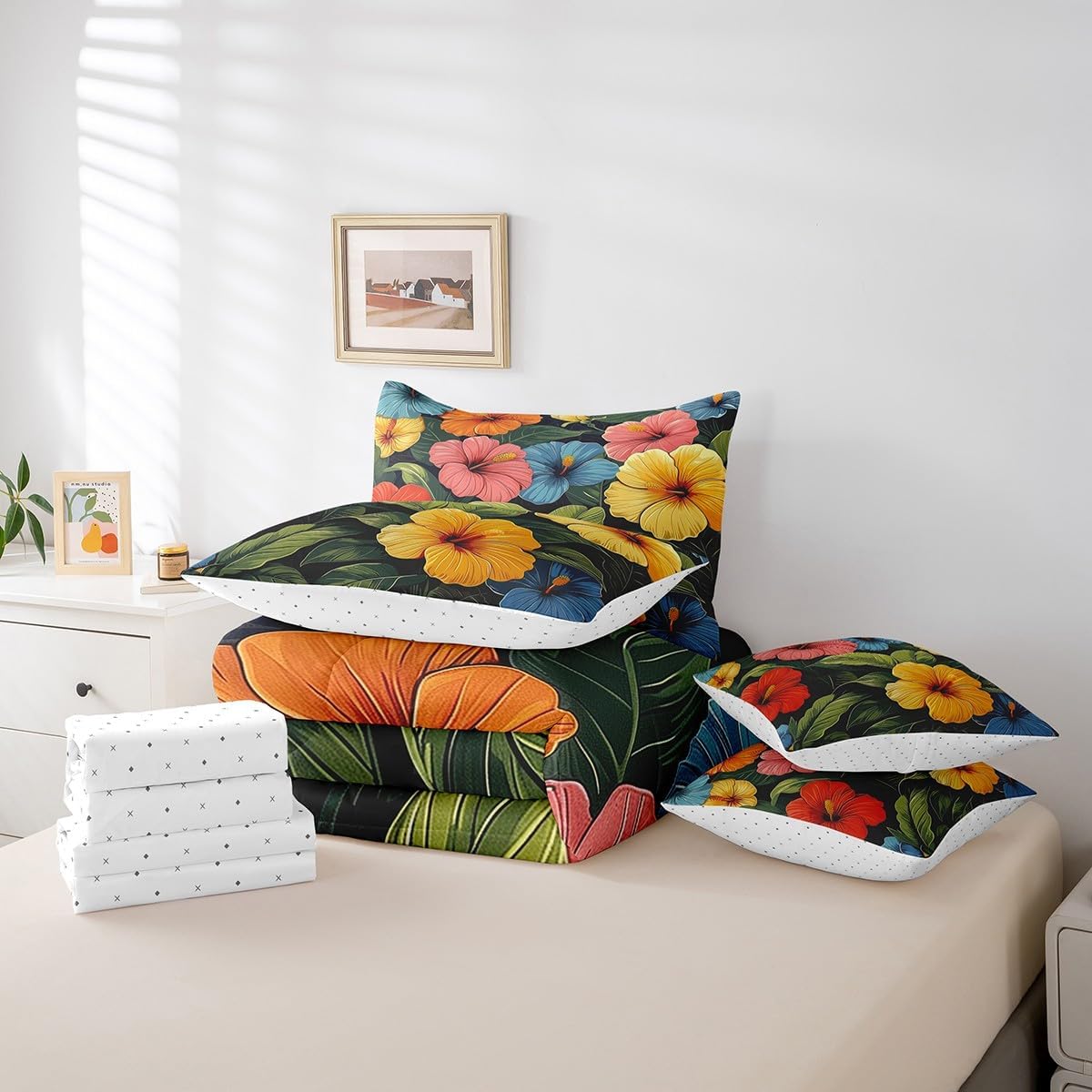 Erosebridal Colorful Flower Comforter Set Tropical Botanical Floral Bedding Sets 7 Piece Full Rustic Farmhouse Bed in A Bag Garden Plant Quilt with Flat Fitted Sheet Blooming Pillow Covers