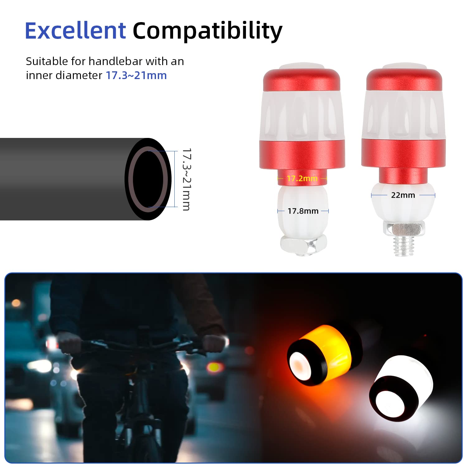 ulip Clignotant lumineux pour guidon de vélo - Pour scooter électrique - Rechargeable par USB - Lampe d'avertissement de sécurité intelligente - 3 modes d'éclairage - Rouge et blanc