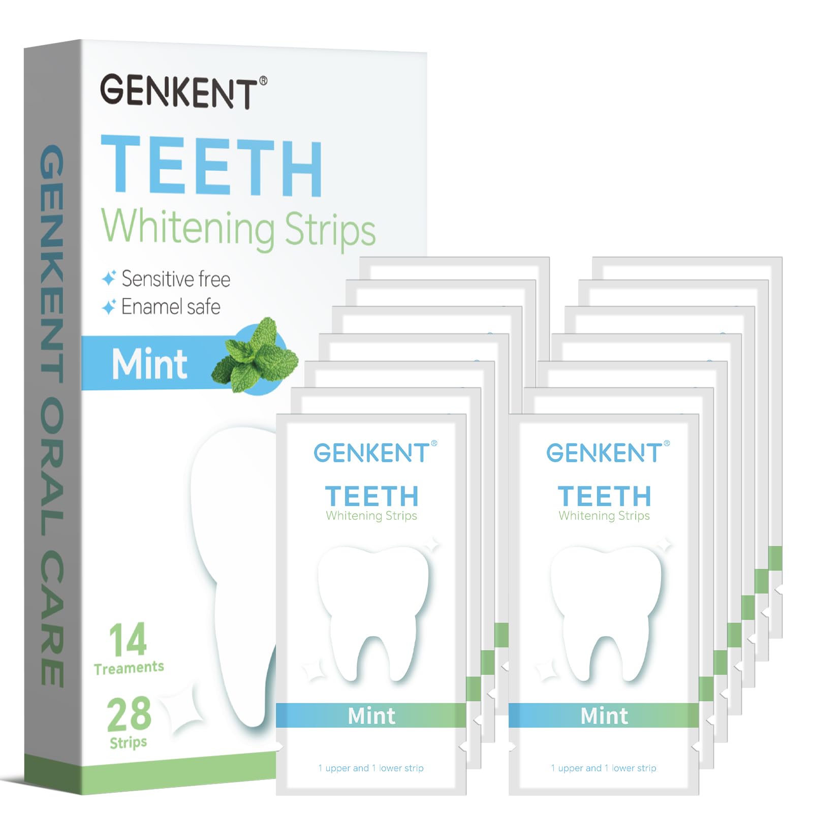 GENKENT Teeth Whitening Strips (14 Treatments) Mint Flavor, Gel Strip Technology, Non-Slip, Enamel-Safe Strips for Sensitive Teeth