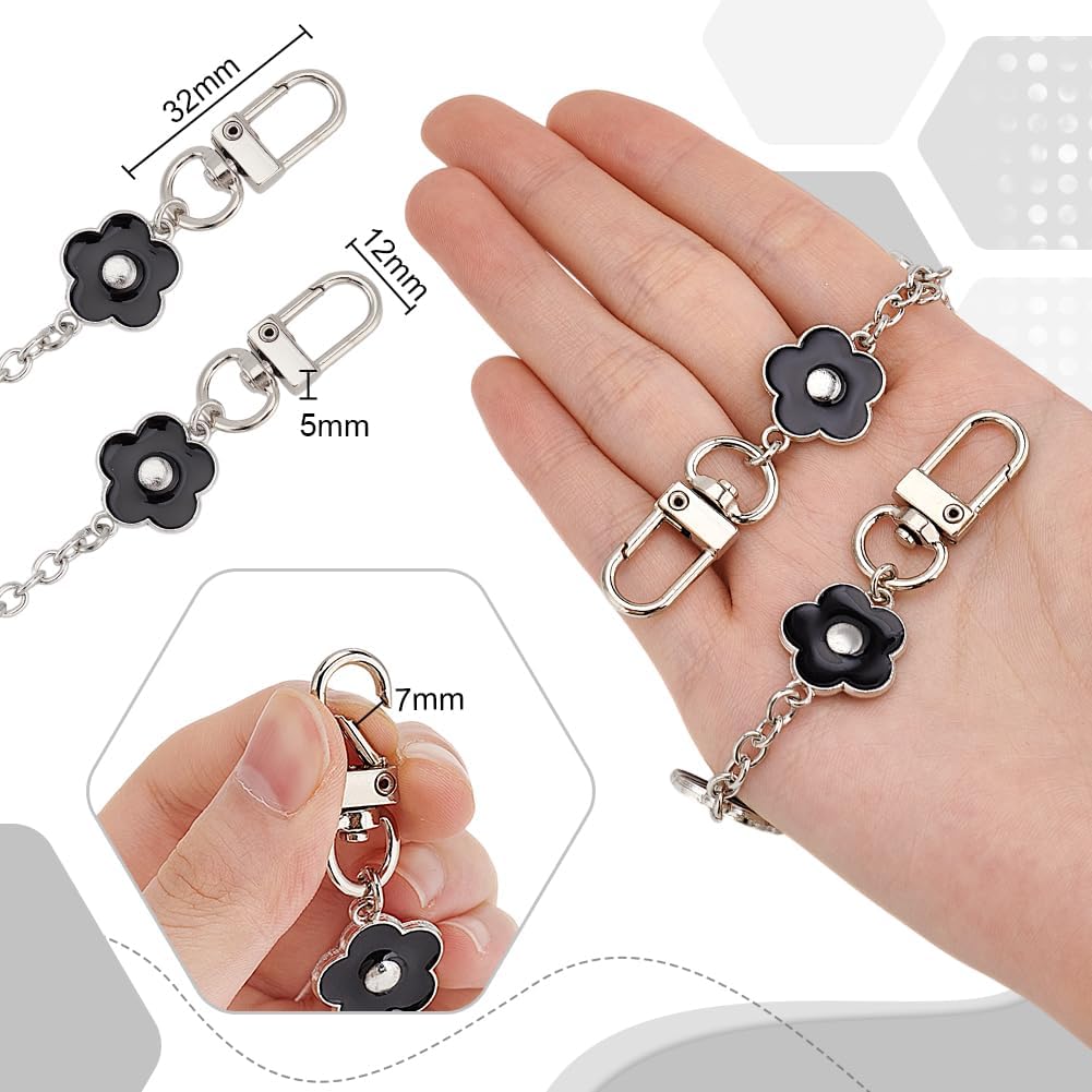 PH PandaHall Purse Chain, 2pcs 14 Inch Bag Strap Purse Charms Silver Bag Chain Alloy Strap with Black Enamel Flower Replacement Bag Chain Handle Straps Charms for Women Crossbody Shoulder Bag