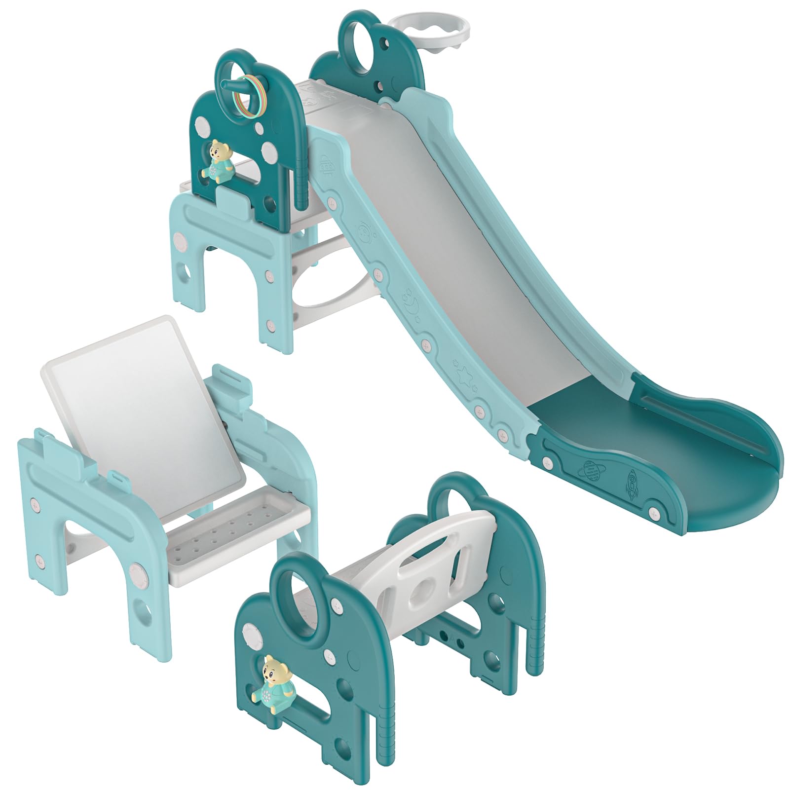 7 and 1 Kid Slide Toddler Slide, Toddler Outdoor Playset Toddler Indoor Slide for Toddlers, Kids Slide with Climber, Basketball Hoop, Drawing Board, Tables and Chairs, Slide for Toddlers Age 1+