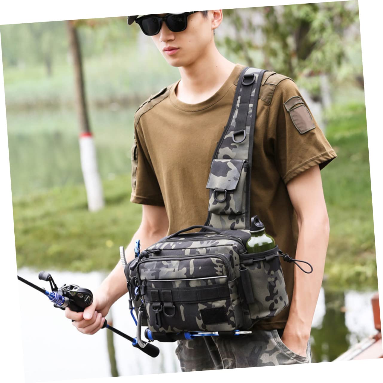 Garneck 1pezzi Borsa per Attrezzatura da Pesca Marsupio Multifunzionale Borsa Tracolla Resistente in Nylon Militare Cinghie Regolabili Adatto per Esterni e Pesca all Aperto