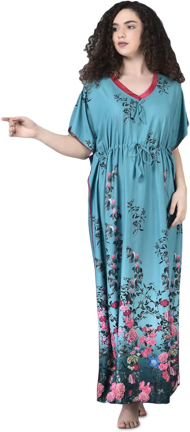 Noty ® Girl's/Women's- Kaftan Nighty | Floral Print | Short Sleeves | V - Shaped Neck | Nightwear for Girls- Polyester Fabric- Floral Digital Printed