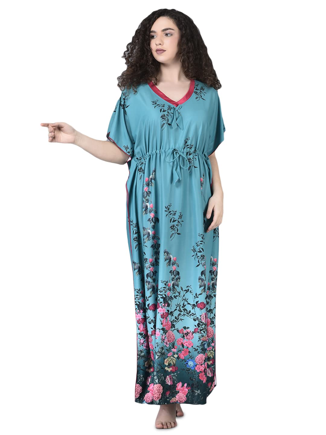 Noty ® Girl's/Women's- Kaftan Nighty | Floral Print | Short Sleeves | V - Shaped Neck | Nightwear for Girls- Polyester Fabric- Floral Digital Printed