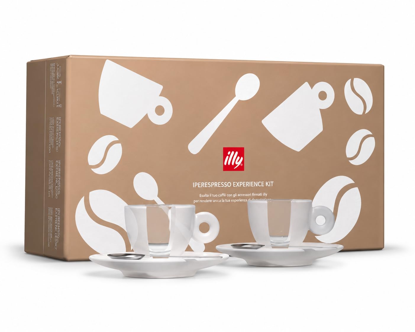 illy Iperespresso Experience Set mit 2 Tassen aus Glas mit Untertassen und 2 Löffeln | Design Matteo Thun, Löffel aus Stahl, transparent, kristallklar, verbessert die Creme, Set mit 2 Personen