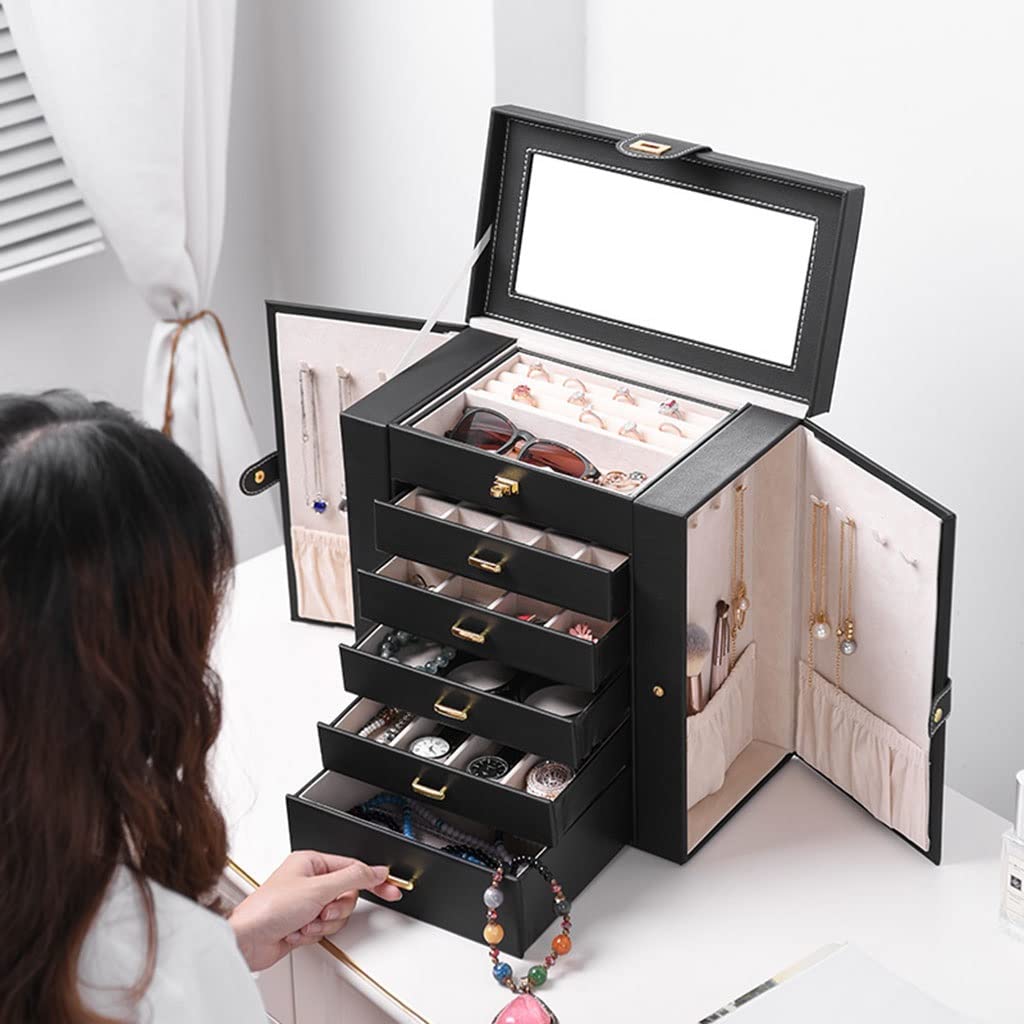 Schmuckbox Schmuckkästchen Schmuckschatulle Große Schmuckkiste 6-Schicht mit 5 Schubladen Pu. Leder Schmuck Organizer Lagerung mit Spiegelschmuck Fall for Frauen Mädchen Geschenk Schmuckkasten Schmuck