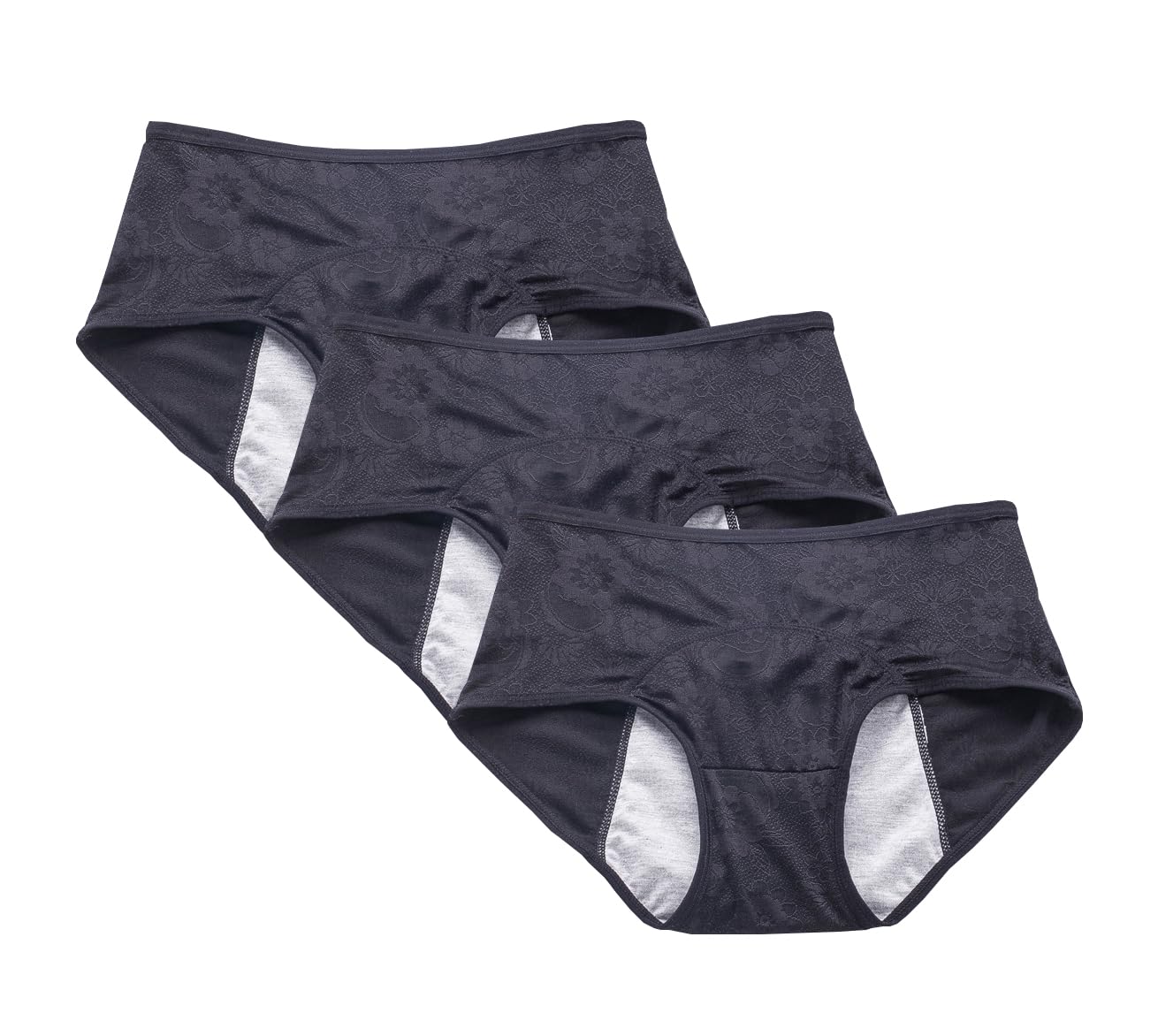 YOYI FASHION Women Menstrual Period Briefs Jacquard Easy Clean Panties Multi Pack US Size XXS-4XL/11, Black-3 Packs, Large
