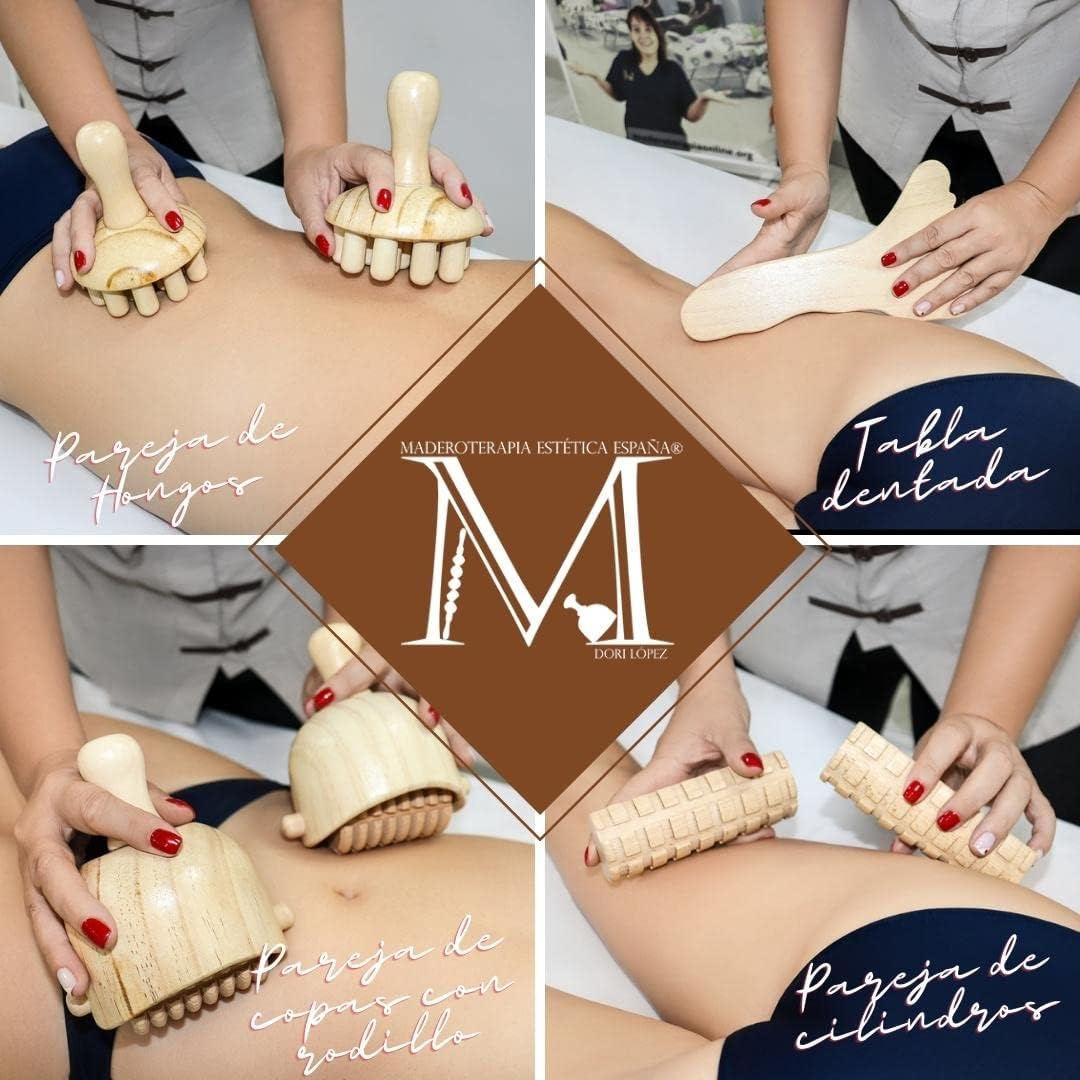 Kit Maderoterapia Anticelulítica | Maderoterapia | Kit compuesto de 7 Elementos Fabricados en Madera de Pino y Loto Natural | Ideal para Masajes | Diseños Exclusivos Maderoterapia Estética España
