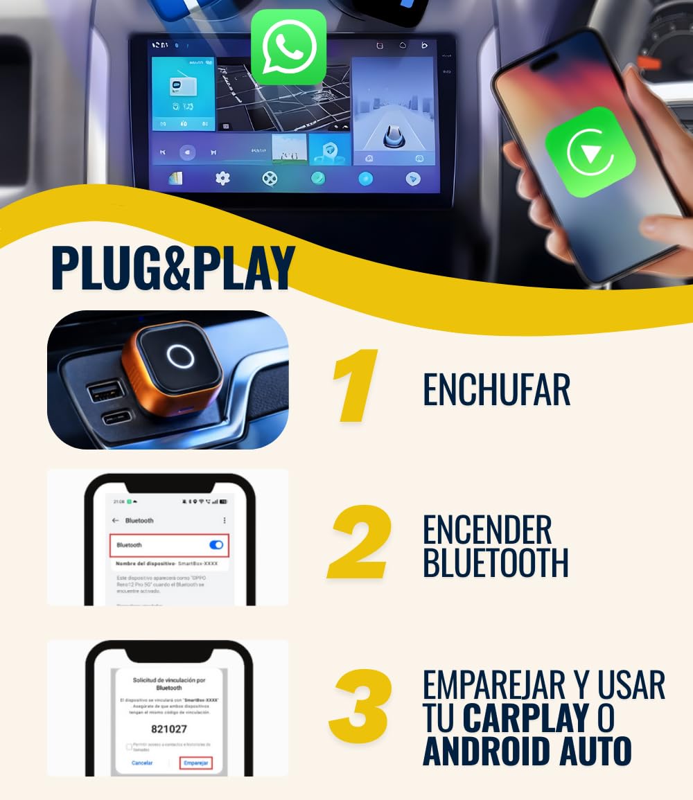 【Carplay Inalámbrico 2026】 Android Auto Adaptador Bluetooth Compatible con iPhone Apple Y Android, Elimina Cables Mejora tu Experiencia con el Coche Conexión Estable y Sin Retrasos (SwiftLink SE MAX) — view 3