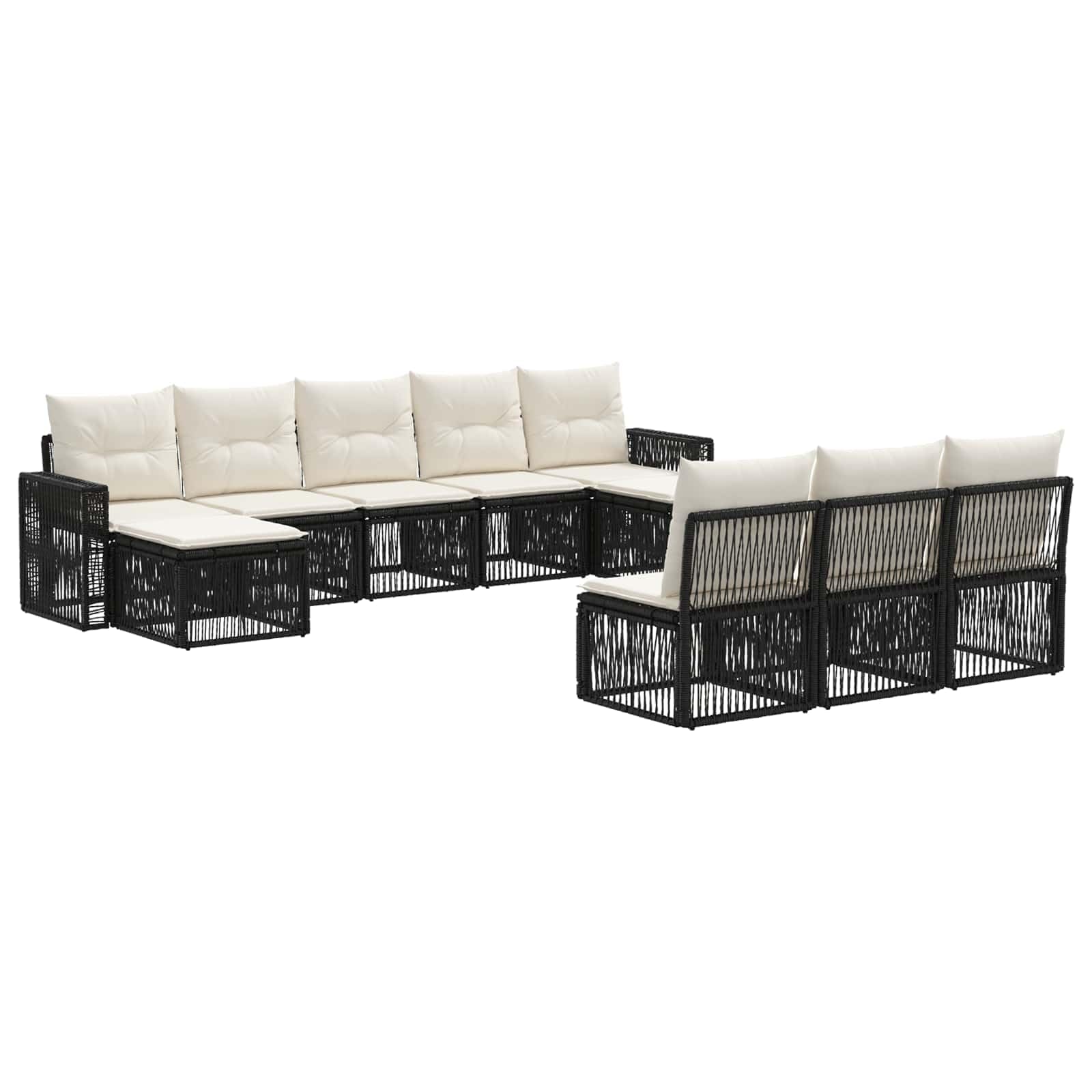 Set di divani da giardino in polyrattan, 10 pezzi, colore: nero/crema | Gruppo di lounge modulare per terrazza e giardino con intreccio resistente alle intemperie e federe lavabili.