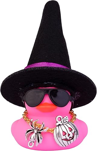 Adornos de pato de goma para automóvil, decoraciones de tablero de automóvil con mini sombrero de bruja, gafas de sol, collar, accesorios de