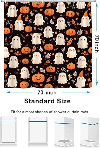 Miniatura 6 de Cortina de ducha de fantasma de Halloween, diseño de calabaza espeluznante, hojas retro, divertida tela de dibujos animados para decoración de baño,