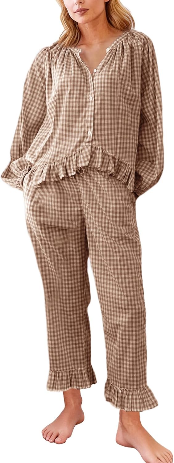 Flygo Womens Plaid Pajamas Sets 2 Piece Cotton Pj Set Puff Sleeve Ruffle Babydoll Shirt Gingham Pants Lounge Sets