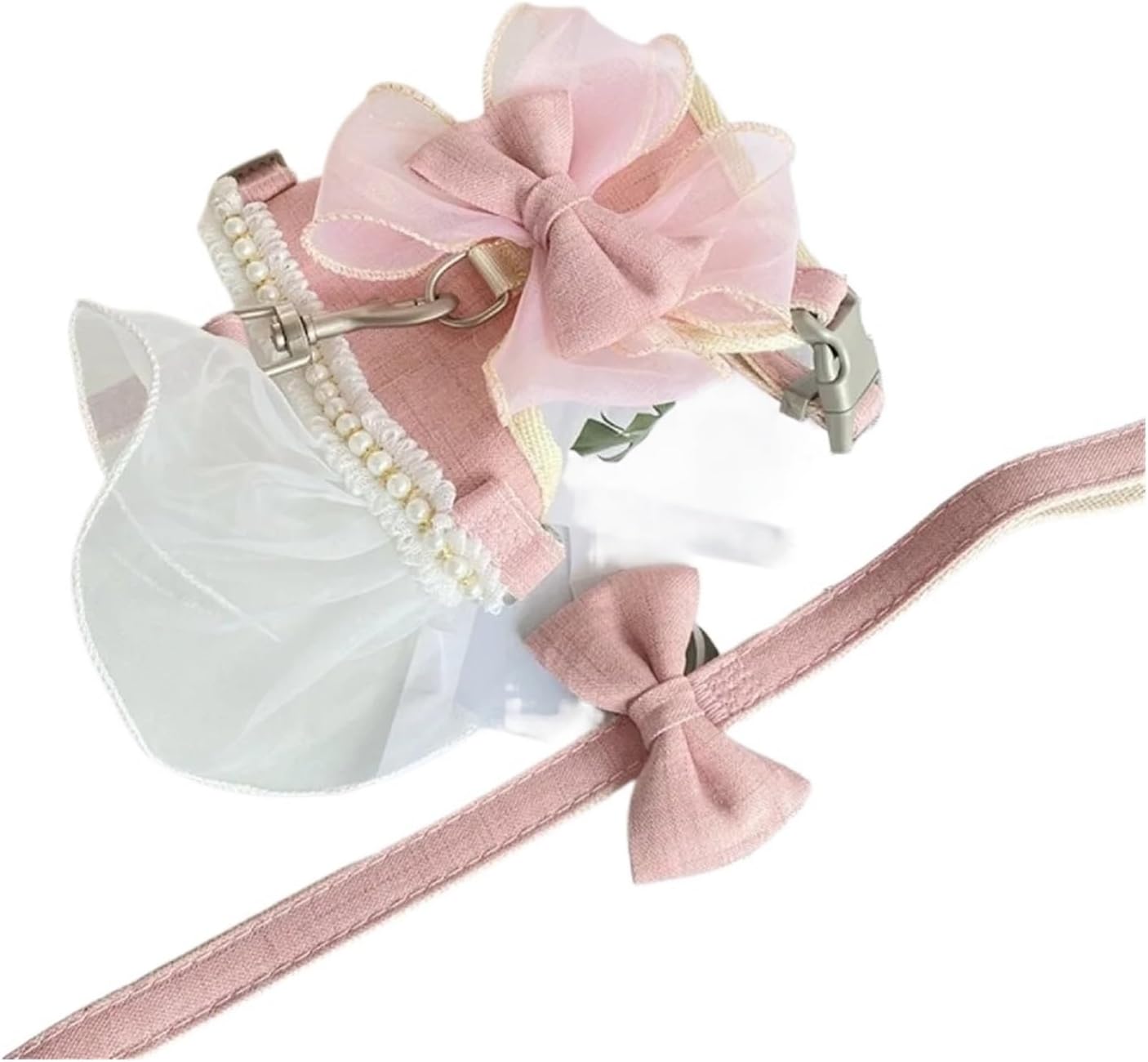 Princess Style Cat Harness Leash Adjustable Nylon Pet Chest Strap Breathable with Bowknot Dog Traction Rope Outdoor(Pink,L)
