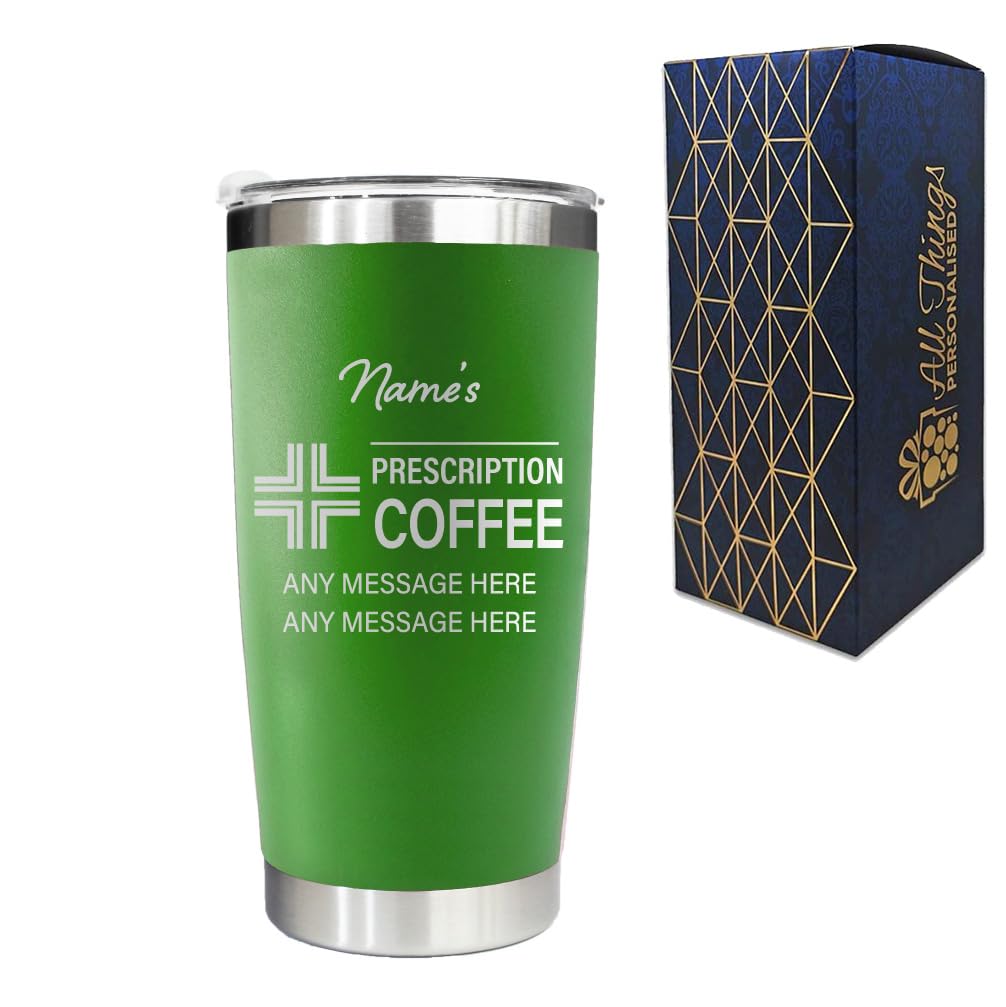Engraved Travel Cup, Personalised Prescription for Coffee Design, 500ml or 17.5oz Capacity, Gift Boxed, Funny Gift, Green Insulated Coffee Cup