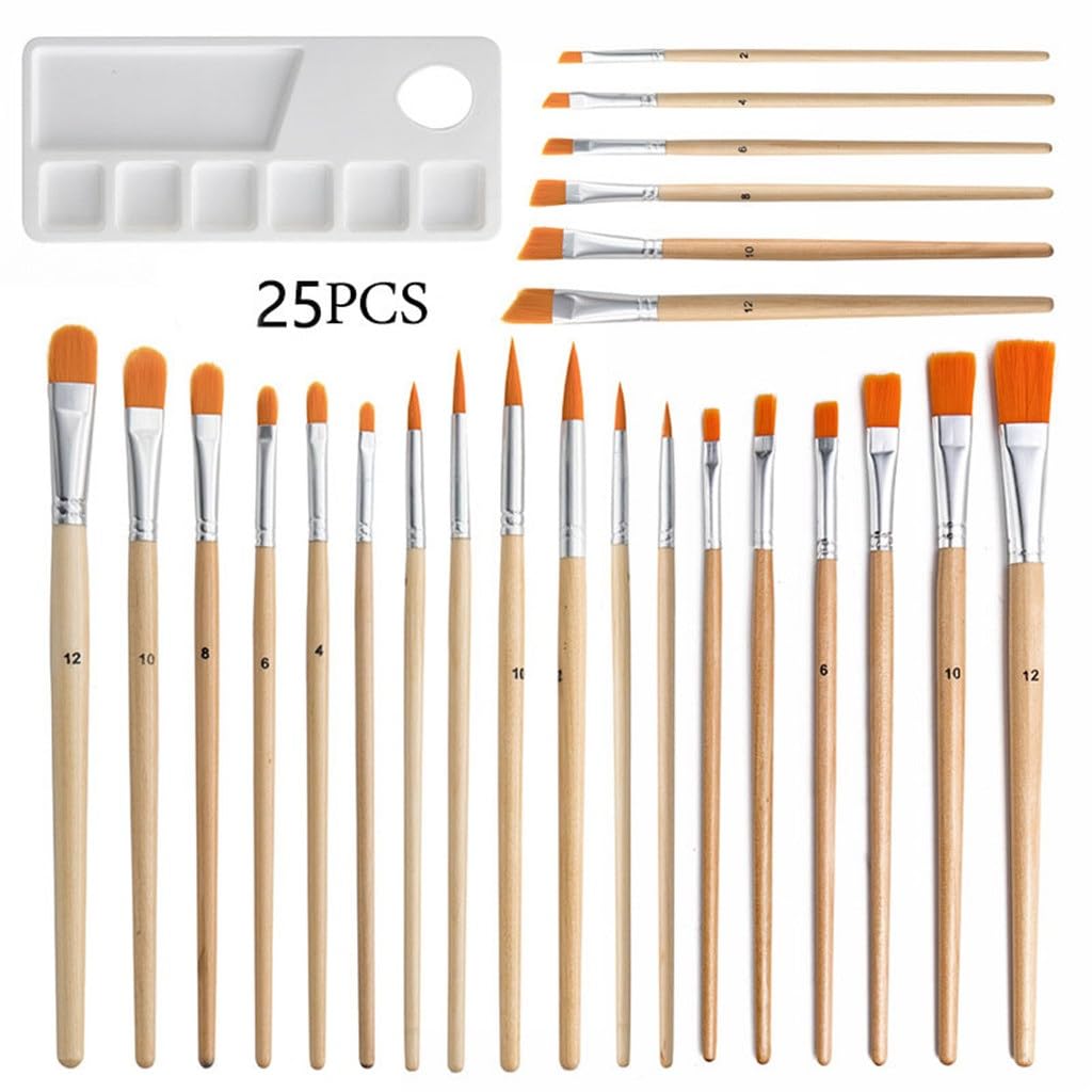 25-teiliges Gouache-DIY-Graffiti-Pinselset mit runder Spitze, Palettenpinsel aus Birkenholz und Nylon, D-25 Stück,D-25 pcs