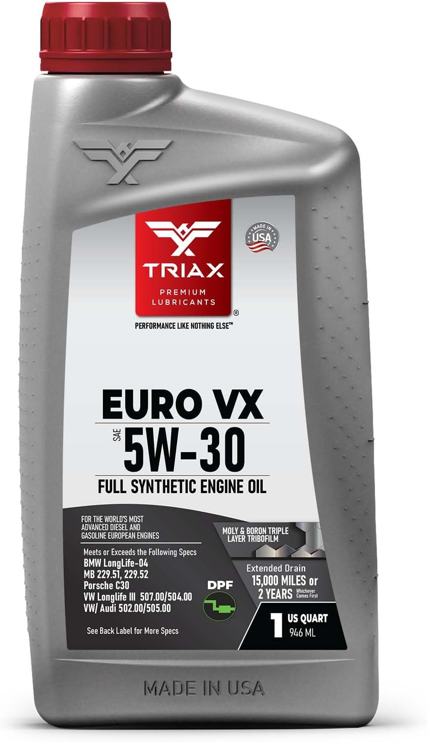TRIAX Euro VX 5W-30 Full Synthetic Ester, Compatible with VW 507.00/504.00, VW Audi 502.00, 505.01, BMW LL-04, Porsche C30, ACEA C3, Mercedes 229.51, 229.5, 229.31 (1 Quart)