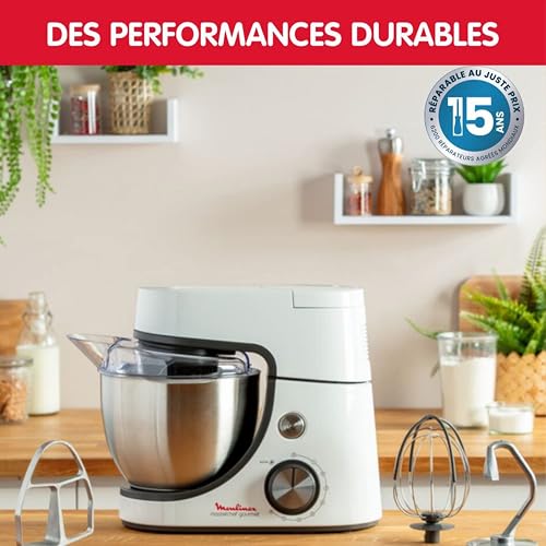 Moulinex Robot pâtissier, Capacité bol 4,6 L, 8 vitesses + Pulse, Technologie Fouet Whisk pour un fouettage parfait, Batteur et pétrin en fonte d'aluminium, 1100 W, Masterchef Gourmet blanc QA510110 - 6