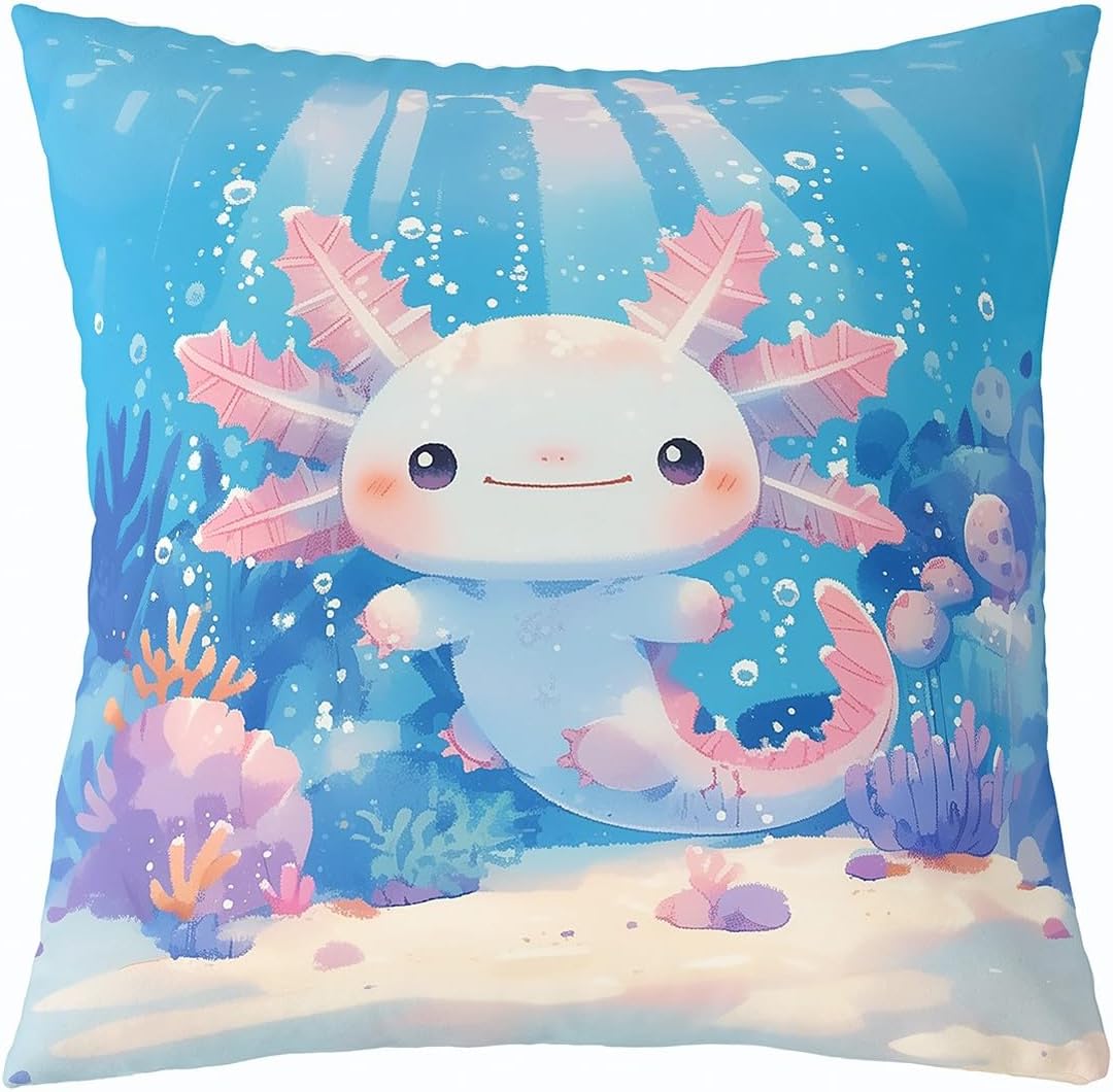 Cartoon Axolotl Kids Pillow Cover Cute Kawaii Wild Sealife Cushion Case for Girls Teens Pink Doughnut Hearts Patchwork Grid Girly Cushion Cover for Bedroom Couch 24x24 Inch