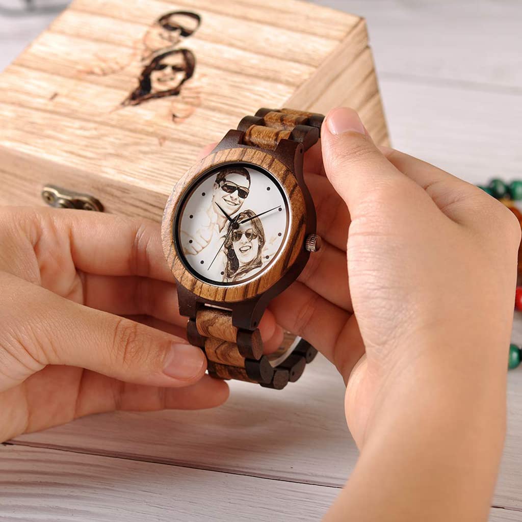 Reloj de Madera Personalizado para Hombres Relojes de Madera Natural con Foto grabada Pulsera Ajustable para Regalo Aniversario de cumpleaños para esposopapá Hijo o Novio