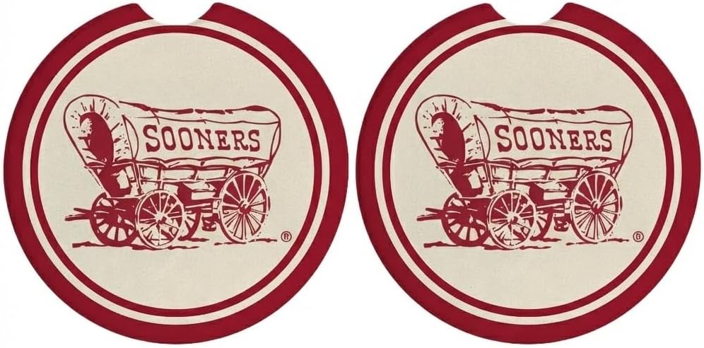 Magnolia Lane University of Oklahoma Set of 2 Car Coasters - Absorbent Ceramic Stone for Cup Holders - Features “Sooner Schooner” and Finger Notch for Easy Removal - Gift for Students and Graduates