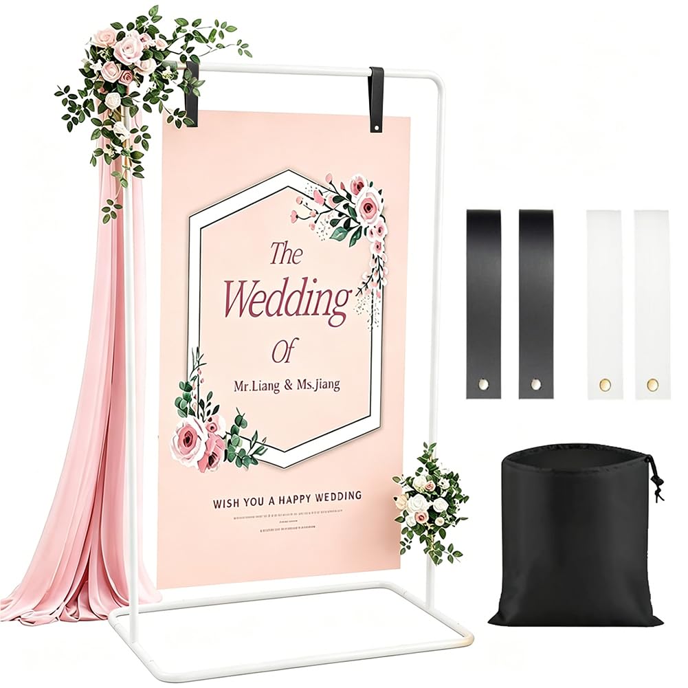 173x80cm Willkommensschild Hochzeit, Hochzeitsschild-Halter mit 4 Lederriemen, Hochzeitsbogen Posterhalter Hintergrundständer für Hochzeitsschilder, Werbung Schildhalter, Ballonbogen (Weiß)