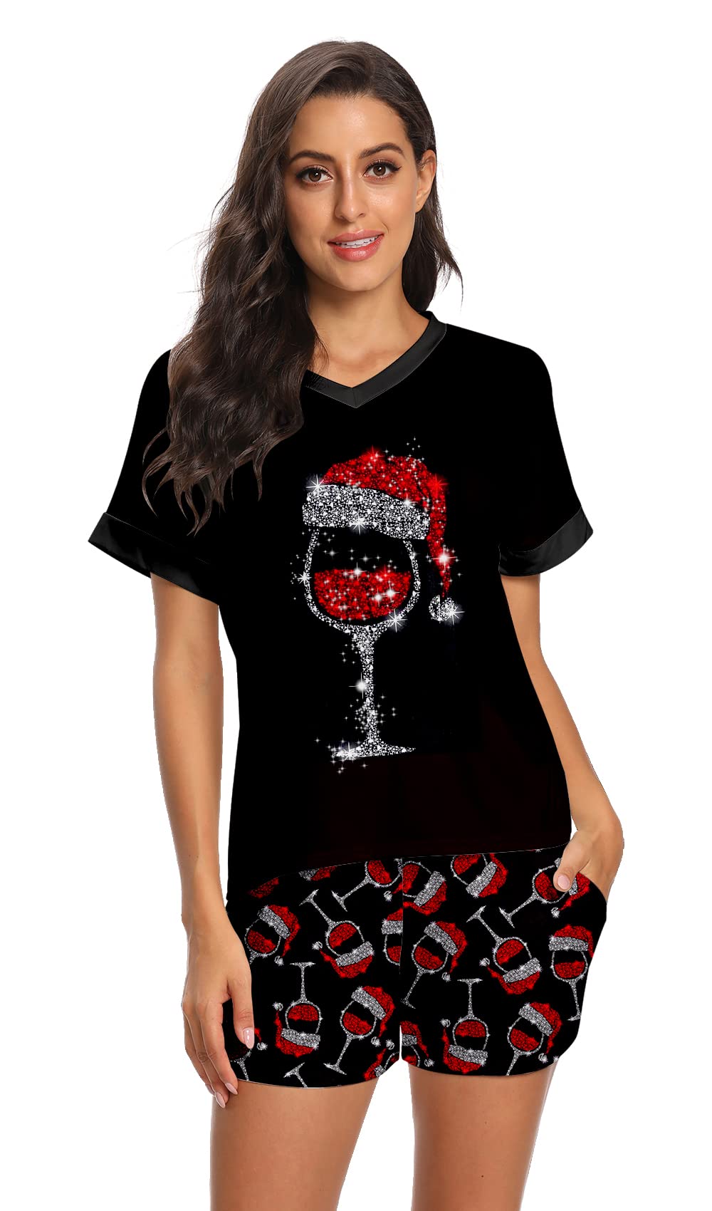 RAISEVERNChristmas Pajamas for Women 2 Piece V Neck Pjs Set Tops and Shorts