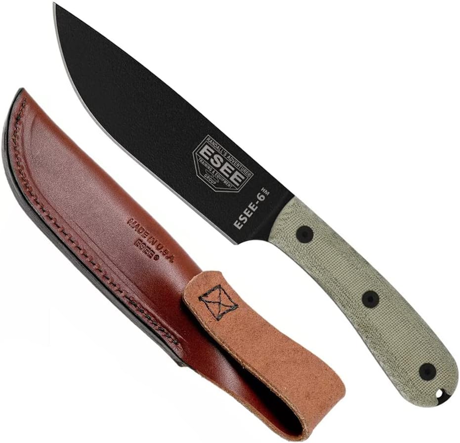 6HM Fixed Blade Survival Knife, 1095 Carbon Steel, Round Modified Handle, Made in USA (Brown Leather Sheath (Right Hand))