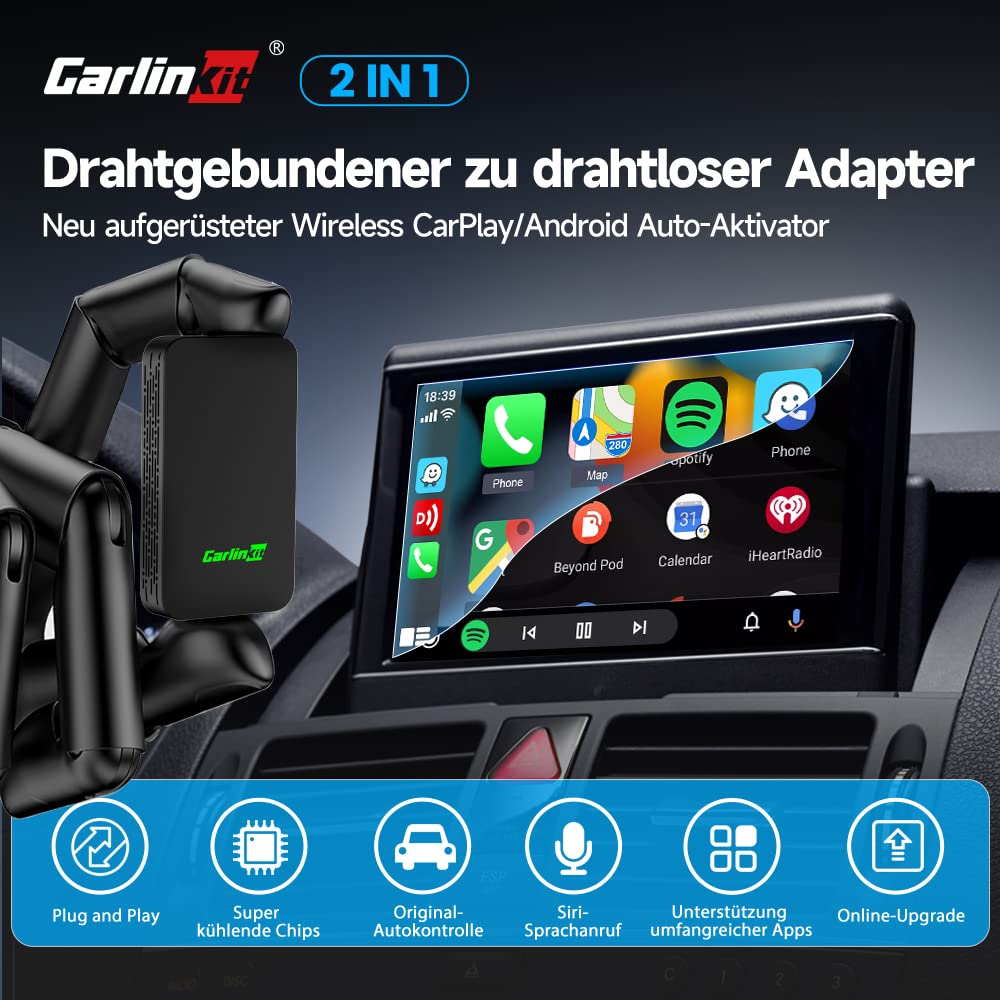 Carlinkit 5.0 2air CarPlay Wireless und Android Auto Wireless Adapter,für Autos mit CarPlay und Android Auto-Funktion(Herstellungsjahr:2017 bis 2025) Unterstützt Sprachassistent,Navigation,Musik