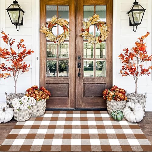 Homydecor Buffalo Plaid Outdoor Rugs, 3'x5' Coffe and White Checkered Area Rug, Layering Rug for Hello/Welcome Door Mat, Washable Cotton Woven Farmhouse Mat for Front Porch Décor