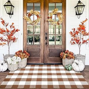 Homydecor Buffalo Plaid Outdoor Rugs, 3’x5′ Coffe and White Checkered Area Rug, Layering Rug for Hello/Welcome Door Mat, Washable Cotton Woven Farmhouse Mat for Front Porch Décor