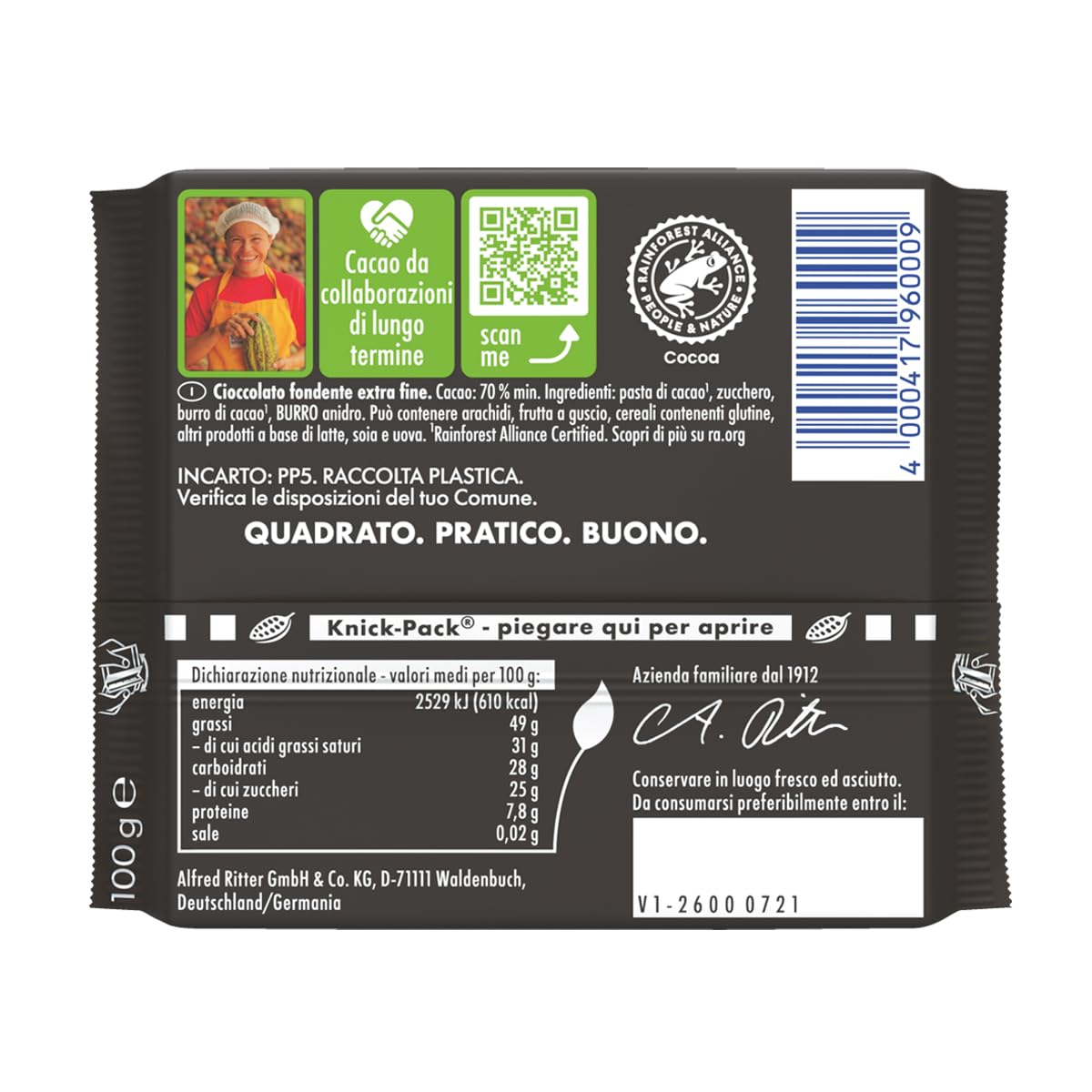 RITTER SPORT Fondente 70% Cacao, Tavoletta di Cioccolato Extra Fondente con Ingredienti Selezionati, Materie Prime da Filiera Certificata Sostenibile, 9 Pezzi x 100 g