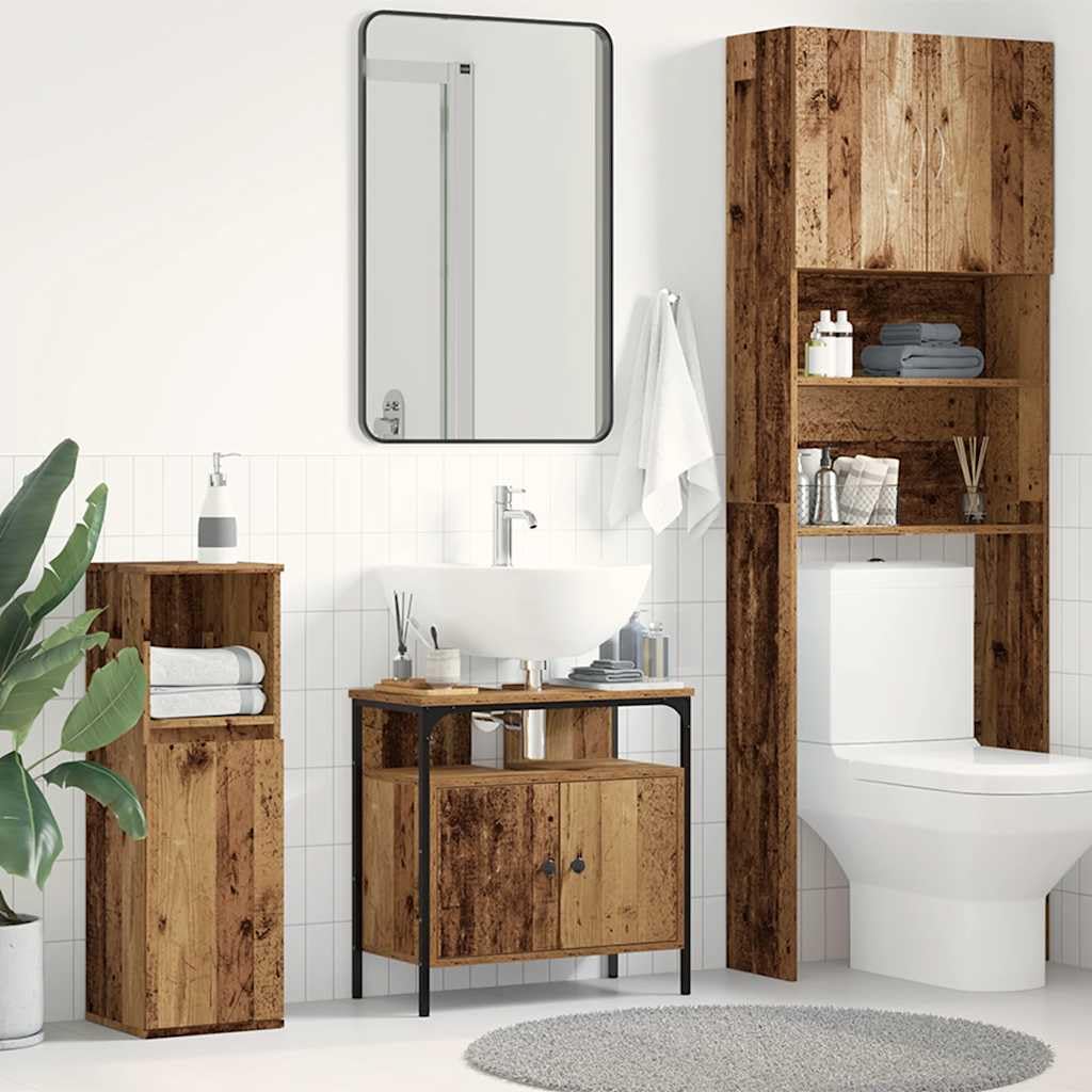 Szafka pod umywalkę o wyglądzie starego drewna z materiału drewnopochodnego 60 x 30 x 60 cm z otworem na syfon, możliwość montażu na ścianie, miejsce do przechowywania łazienki i WC dla gości