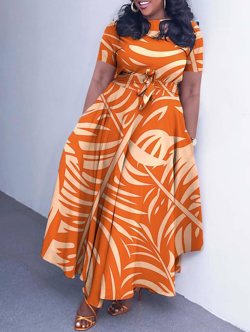 Women Plus Size Formal A Line Maxi Dress Self Tie Waist with Pockets Elegant Round Neck Swing Long Dresses - Image 2