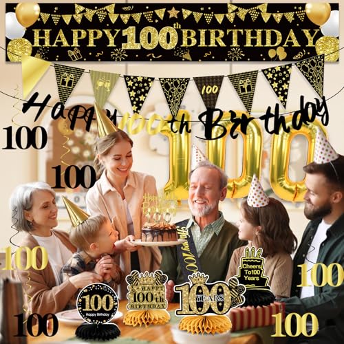 Image of 100th Birthday Decorations for Men, Black Gold 100th Party Decoration Kits | 27pcs Happy 100th Birthday Set, Banner, Honeycomb, Balloons, Gold Number, Candle, Hanging Swirls, Cake Topper, Party Supplies