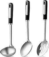 HAPPYKIT 3-Piece Stainless Steel Serving Spoons Set - Large Soup Ladle, Solid & Slotted Spoons for Cooking & Serving