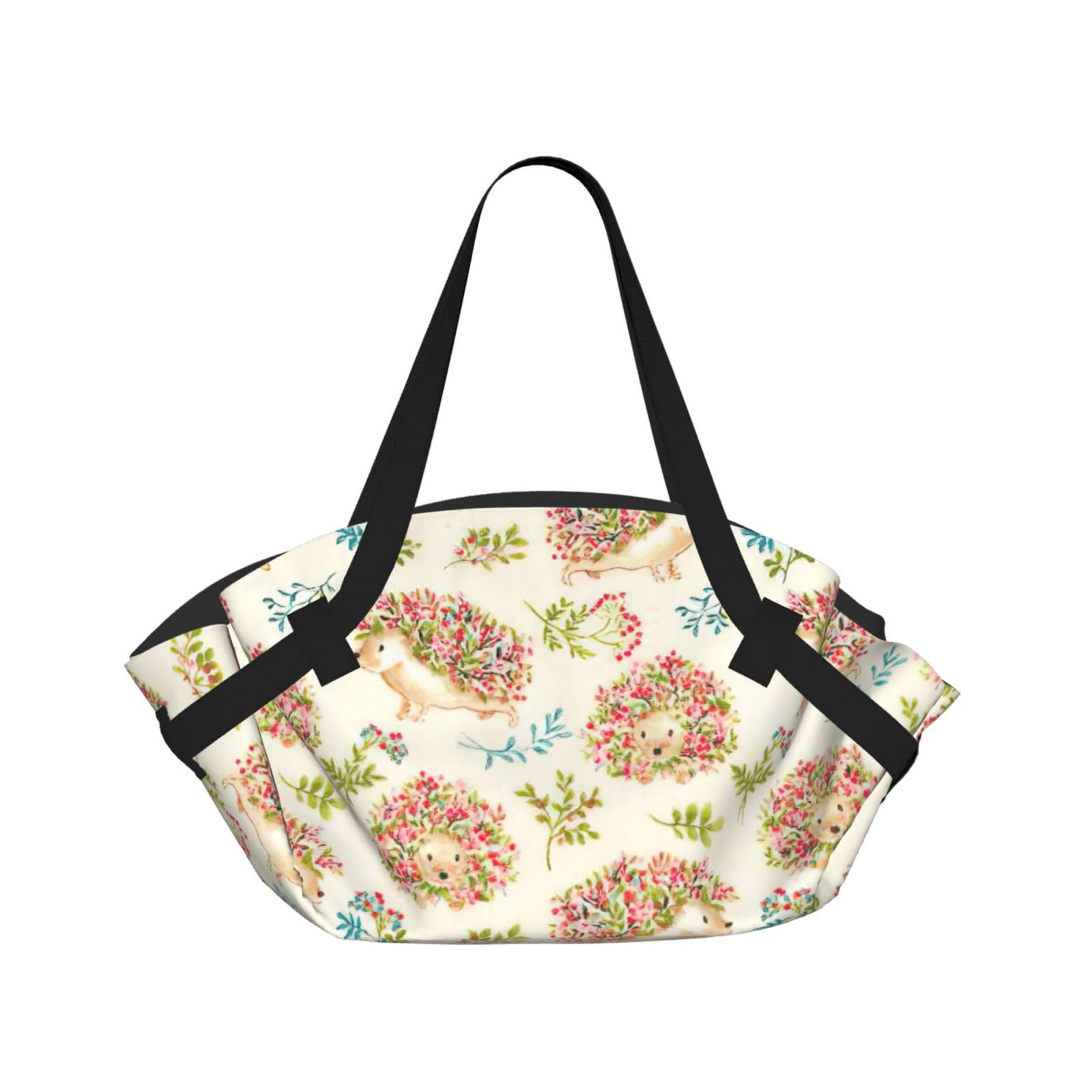 Floral Hedgehogs Printed Foldable Round Picnic Blanket Converts to Carry Bag, 37in Mat for Camping Date Night