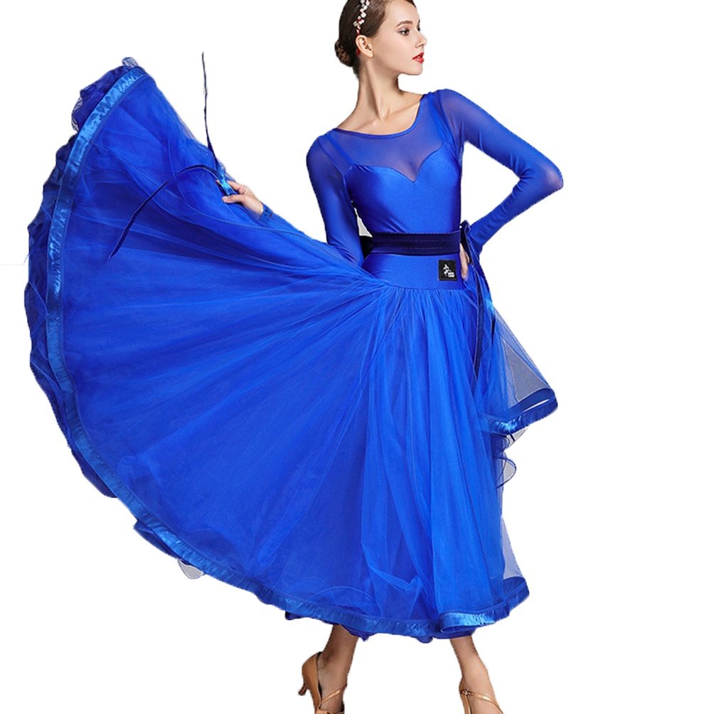 Rongg Women Professional Mesh Stitching Ballroom Performance Dance Clothes National Standard Dance Dresses Tulle Swing, L