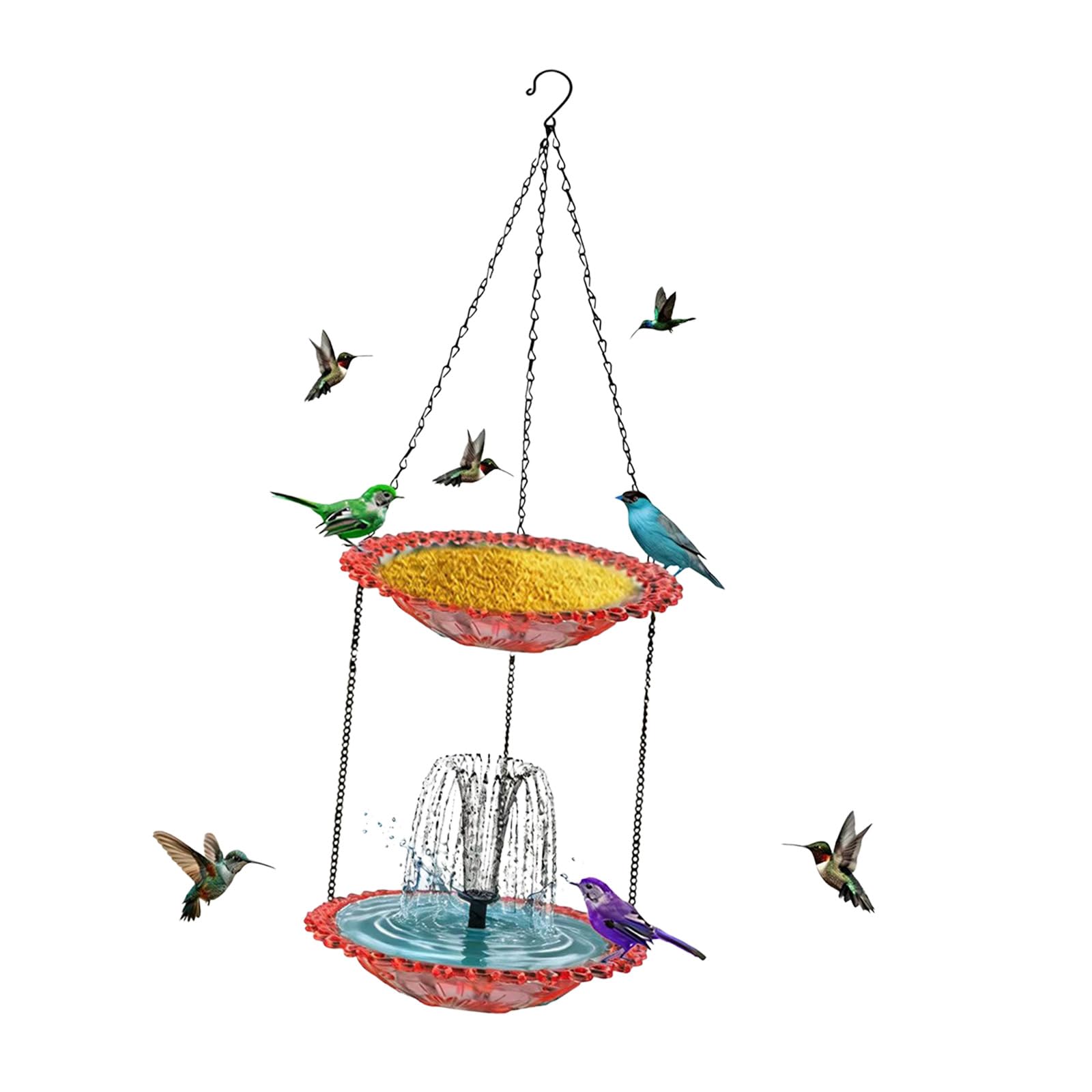 Ekoama Solars Powered Double Layer Bird Bath And Feeder With Fountains For Hummingbirds Garden Decoration Hanging Design