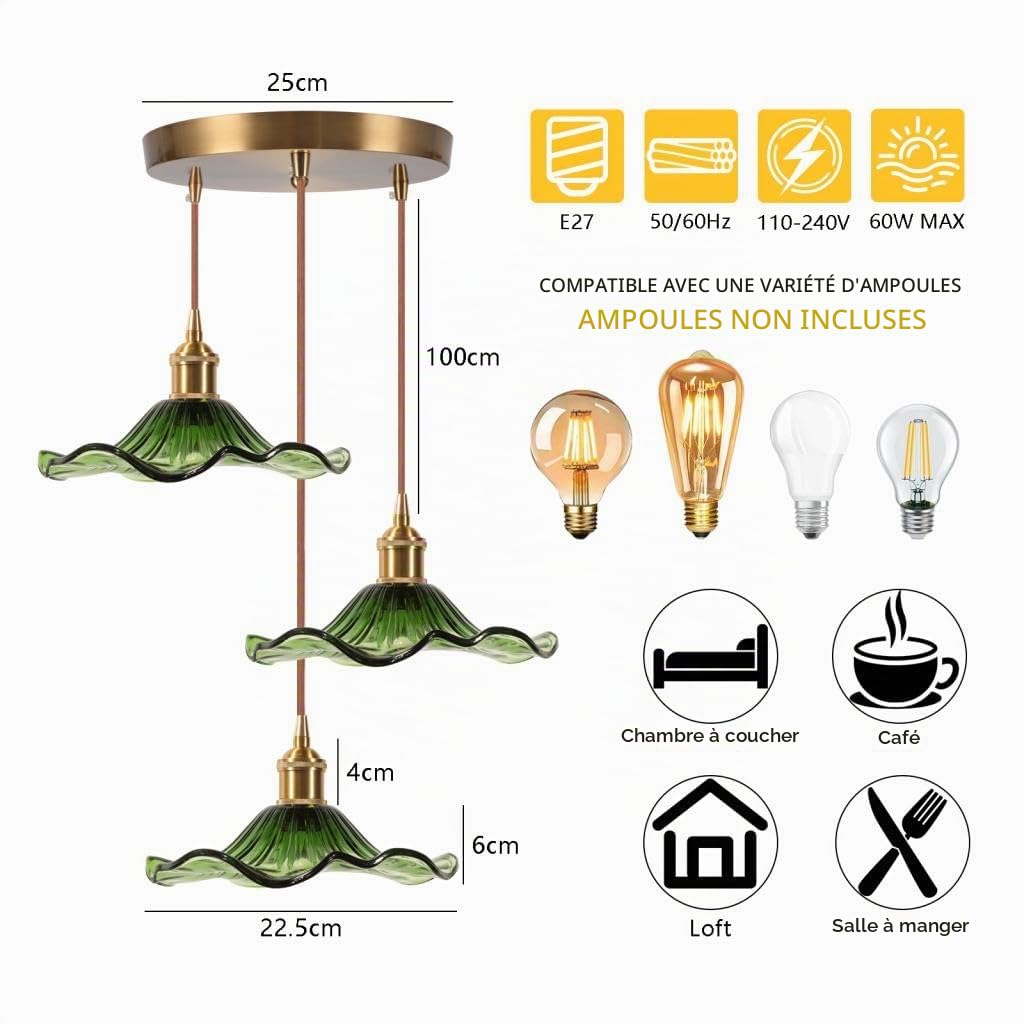3 Lampe Suspendue en Verre Intérieure Moderne Vert Fleurs E27 Suspension Luminaires Vintage Laiton Doré Lustre Réglable en Hauteur pour Salon Chambre Cuisine