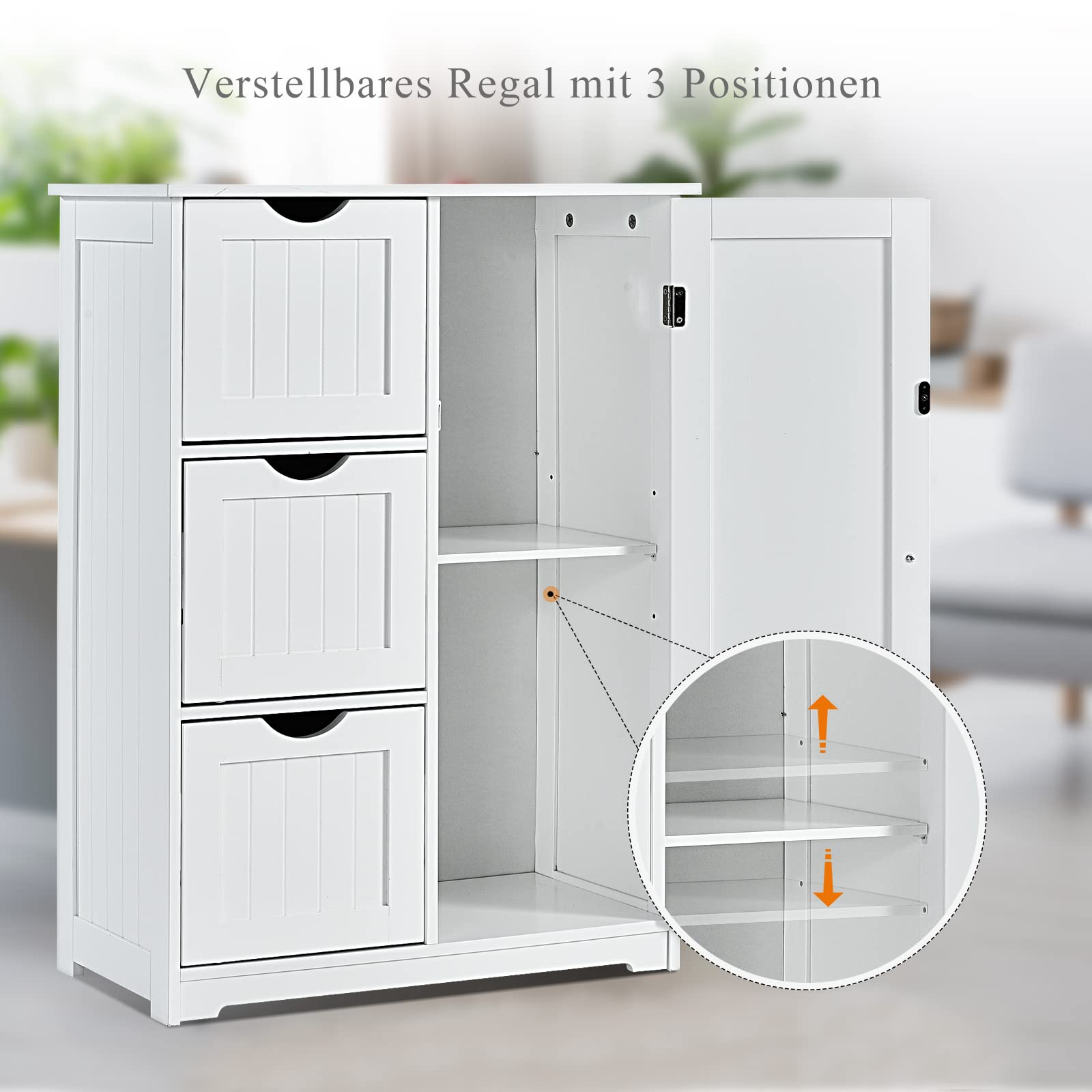 COSTWAY Drewniana szafka łazienkowa, z 3 szufladami i 1 drzwiami, szafka dolna z 3 pozycjami, regulowana półka, szafka do przechowywania do salonu, łazienki, 60 x 30 x 81 cm (biała)