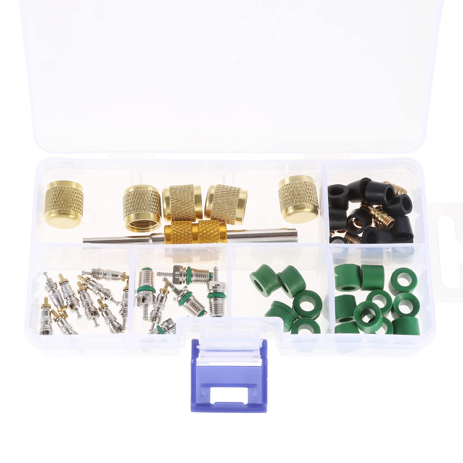 Kit de núcleo de válvula de aire acondicionado de 56 piezas, incluye núcleo de válvula R134a R22 R410, juntas de manguera, válvula, tuerca de latón, instalador de extracción de núcleo de