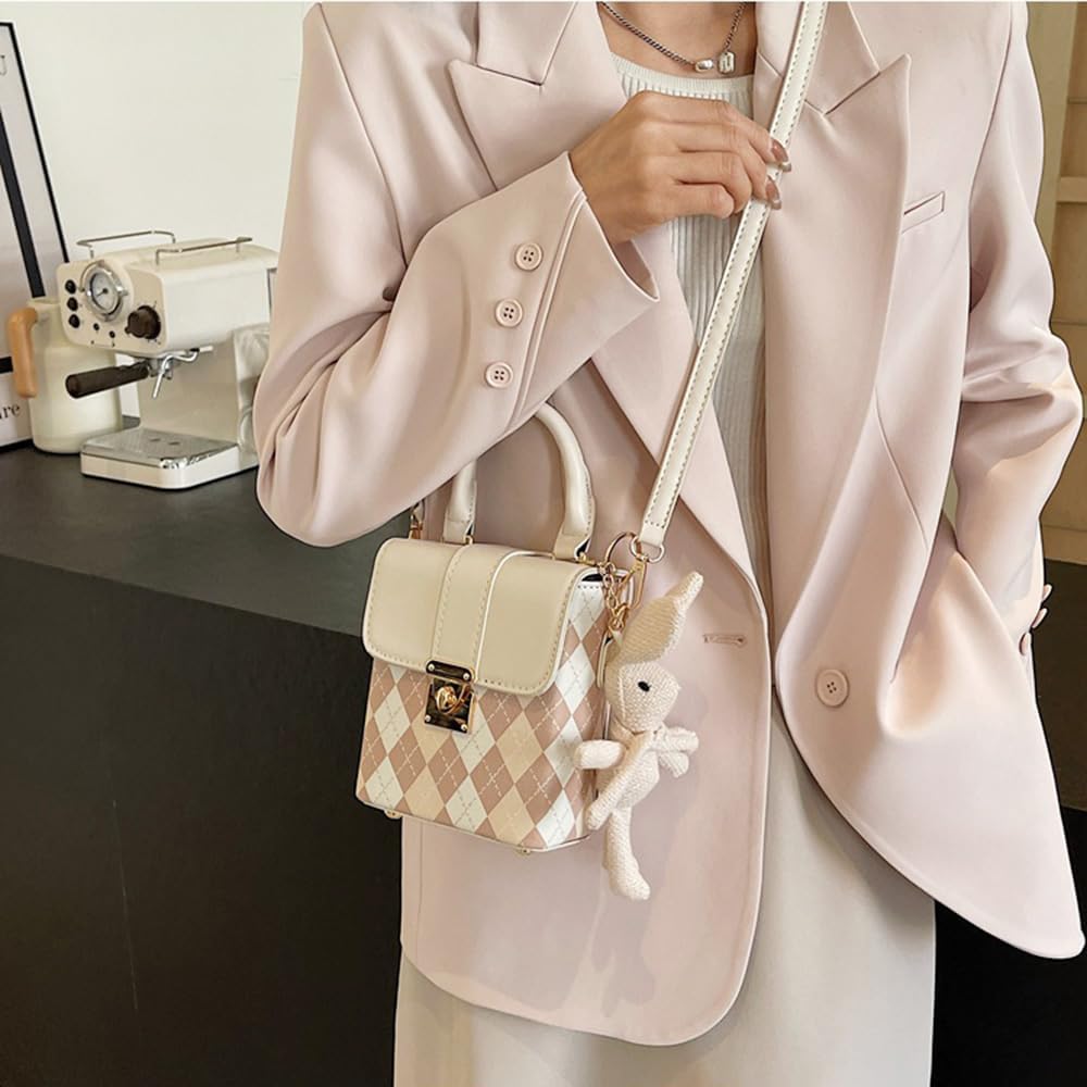 RTGGSEL Rhomboid Patterned Bucket Bag Crossbody Shoulder Bags for Women Cylinder Purse Satchel Handbags with Bunny Doll - Image 3