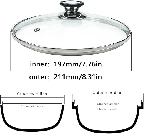 Miniatura 6 de Tapa de vidrio templado de 8 pulgadas con orificio de ventilación de vapor, olla universal transparente de repuesto con perilla de soporte, borde de