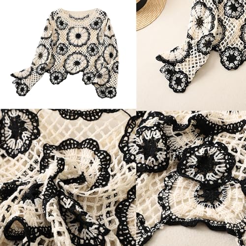 Women French Crochet Long Sleeve Shirt Hollowed Out Knit Floral Loose Fit Pullover Sweater Crop Top Coverup Beachwear2