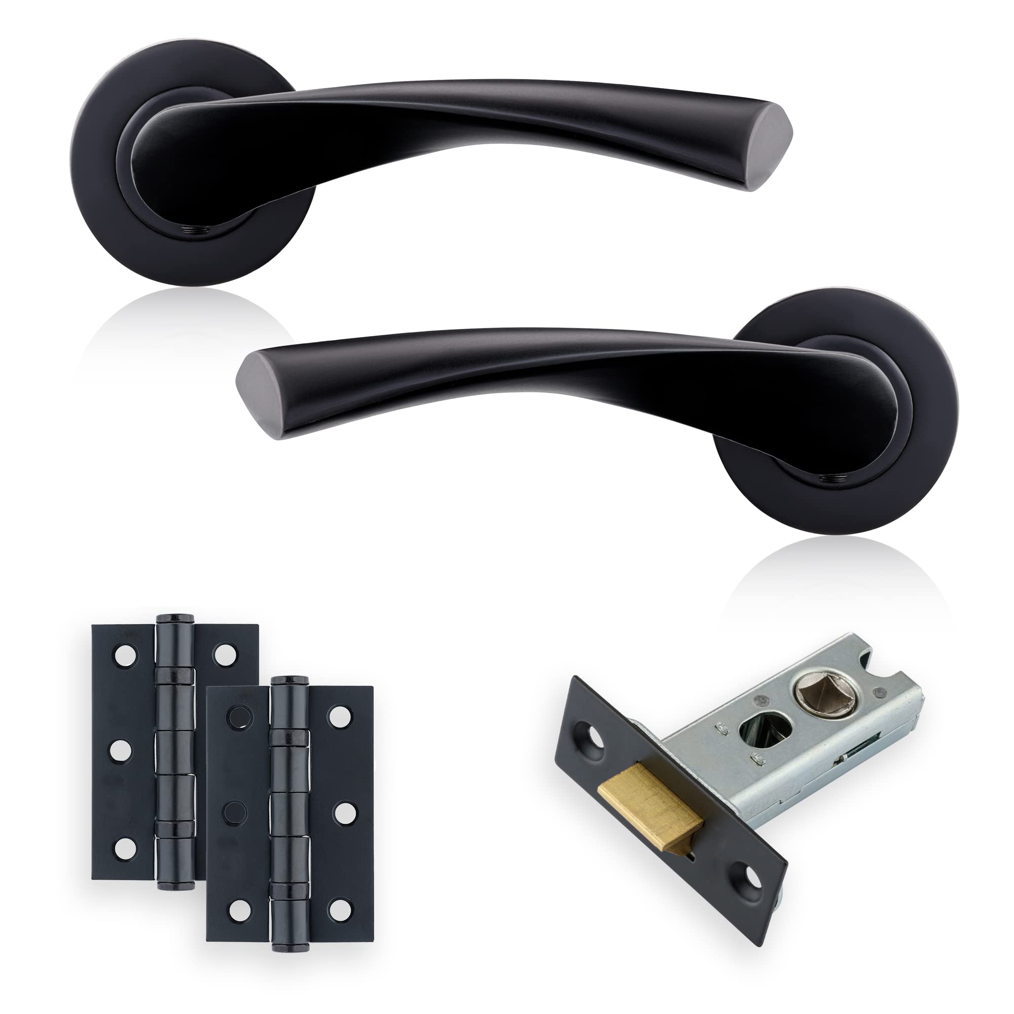 XFORT Matt Black Warped Lever On Rose Latch Pack, with Ball Bearing Hinges & A Tubular Latch, Ideal for Internal Wooden Doors for Home and Office.
