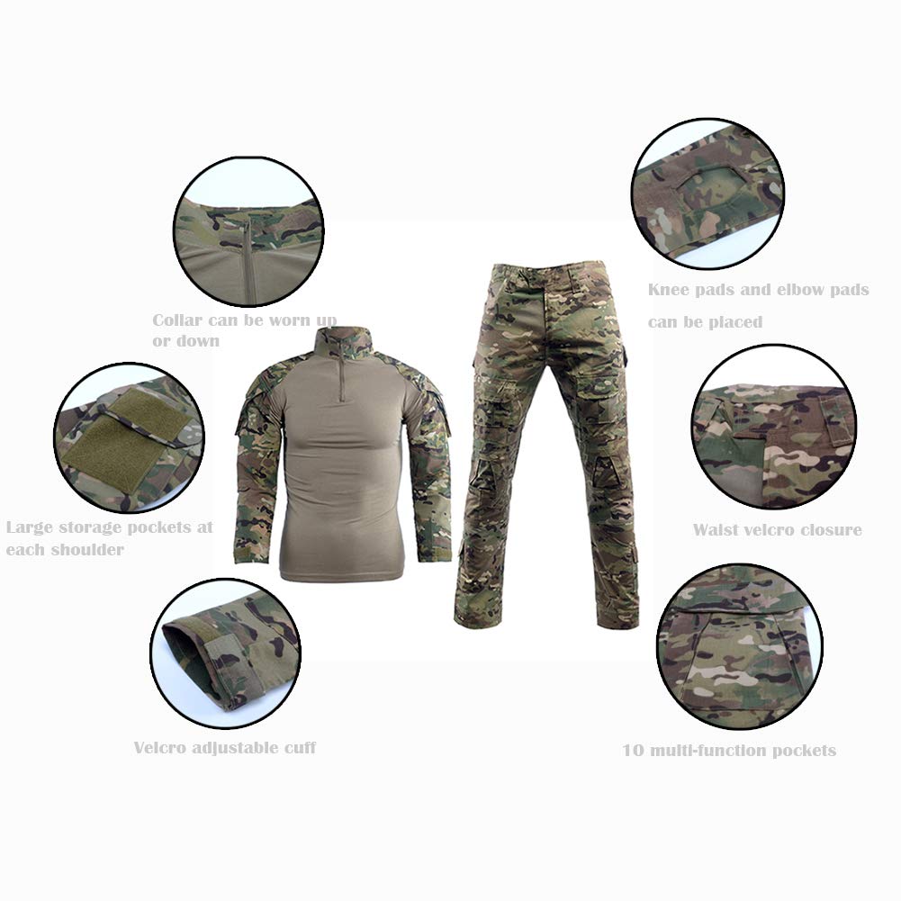 Traje de camuflaje para hombre, camiseta de combate de paintball, pantalones tácticos, manga larga con cremallera 1/4, traje militar, camuflaje al aire libre, ropa de caza BDU.. - 2